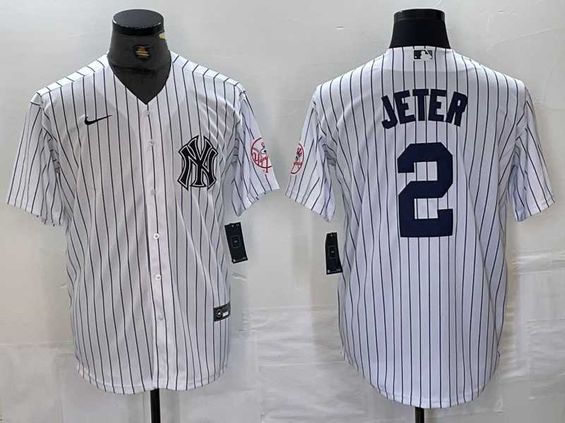Men's New York Yankees #2 Derek Jeter Name White With Patch 2024 Cool Base Stitched Jersey